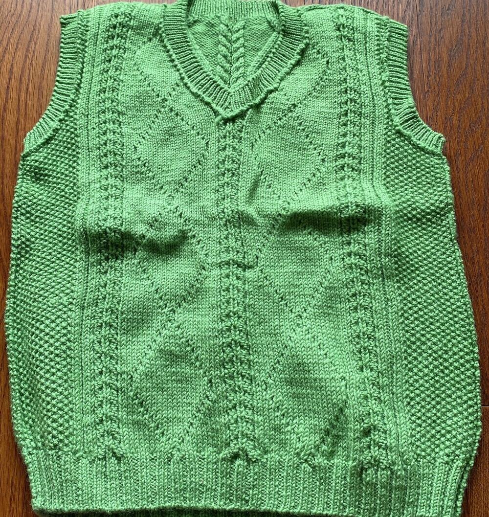 New Hand-Knitted Green V Neck Cozy Vest Size 7-10 Years